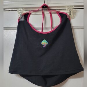 Black halter crop top with pink ties and small neon rianbow mushroom size L NWT